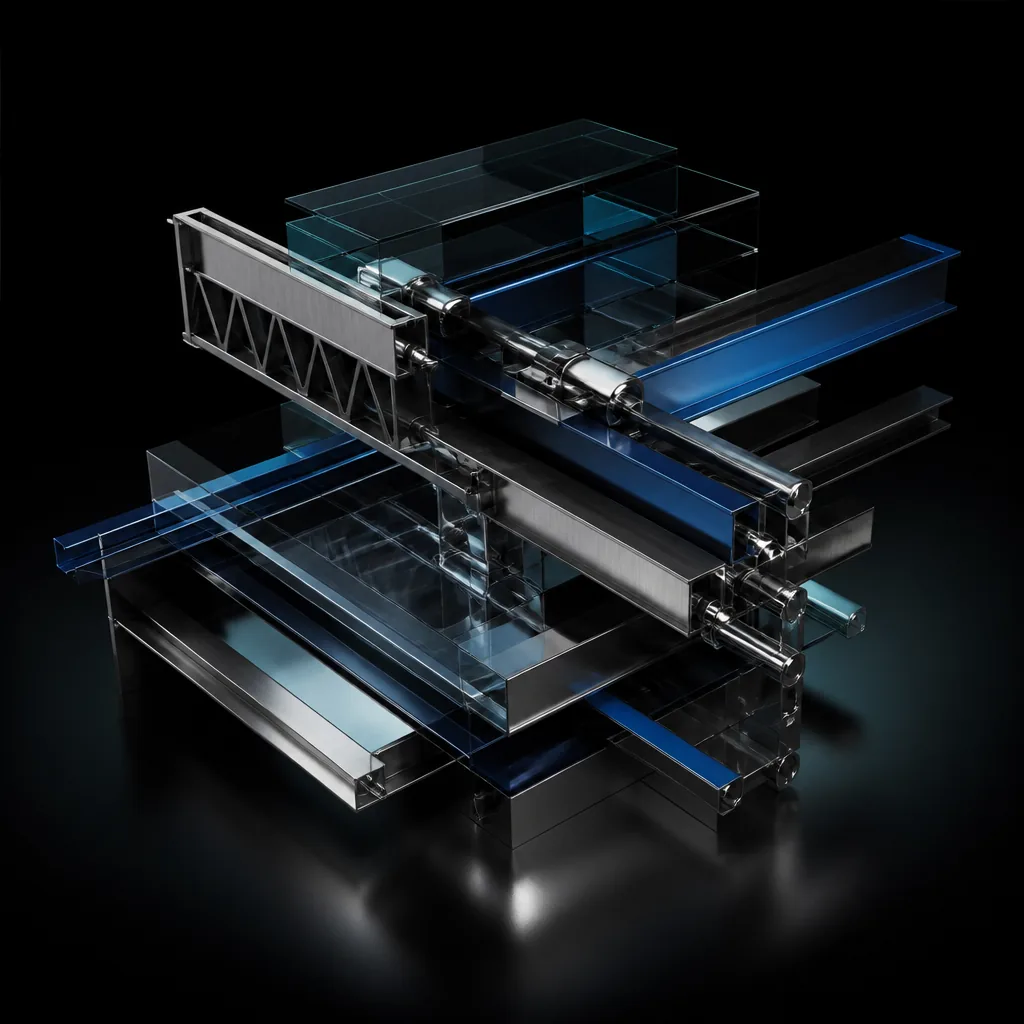 Brushed titanium infrastructure spans with polished chrome connectors, smoked-glass layers and midnight-blue channels fading into darkness