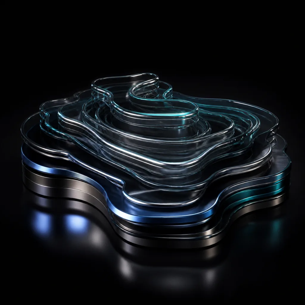 Layered smoked-glass contour planes over brushed-titanium strata with chrome-edged channels and midnight-blue bands, fading into darkness