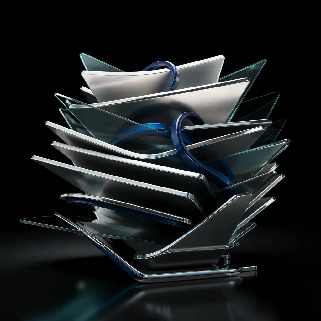 Fanned brushed-silver filing planes with polished chrome edges, smoked-glass layers and midnight-blue ribbons