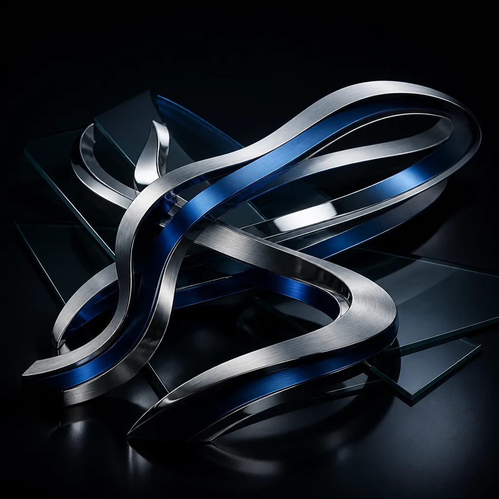 Sculptural arrangement of five interwoven polished chrome and midnight-blue ribbons threaded through smoked glass sheets