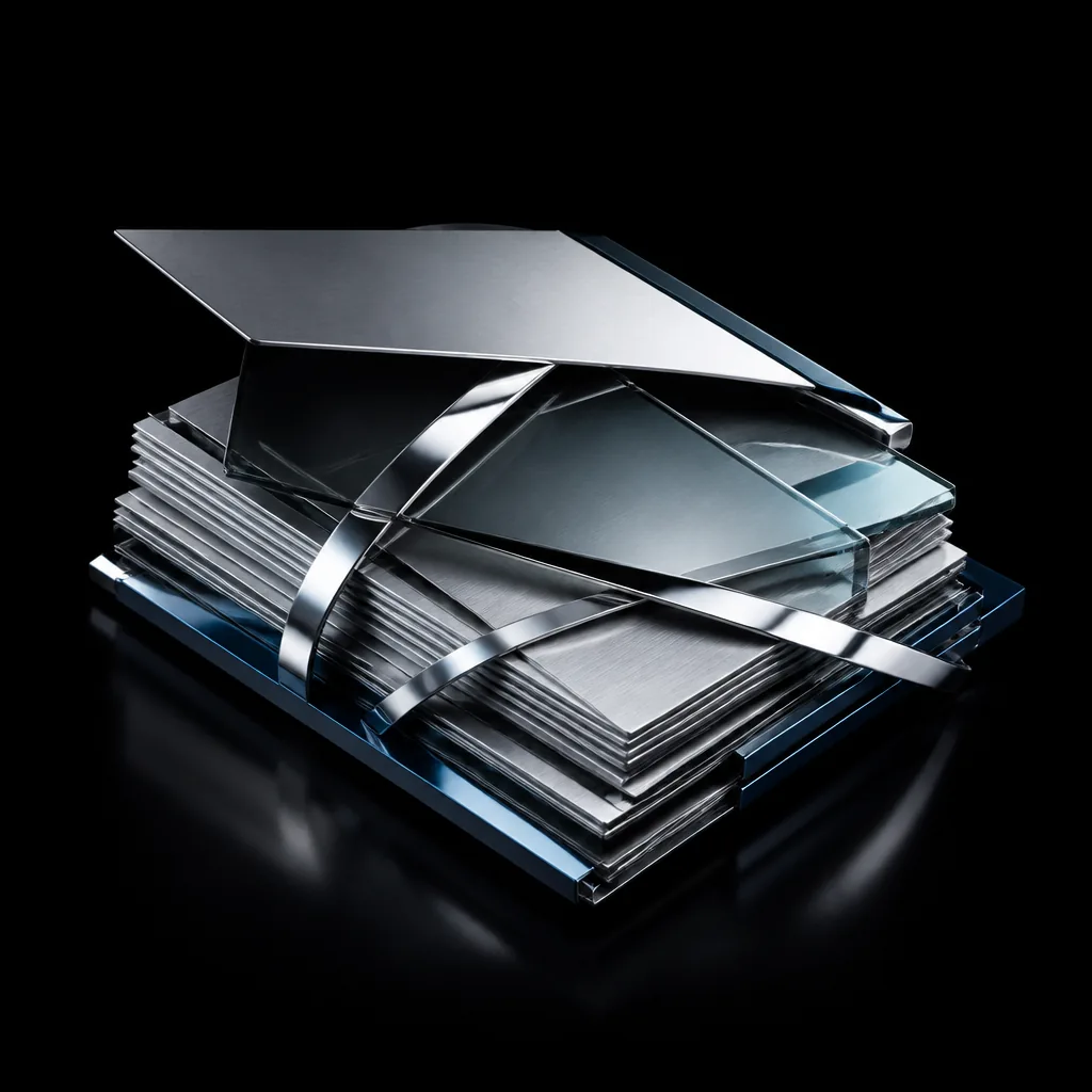 Sculptural stack of brushed-titanium document sheets in a metallic evidence file, bound by polished chrome ribbons with smoked-glass layers and midnight-blue metal edges