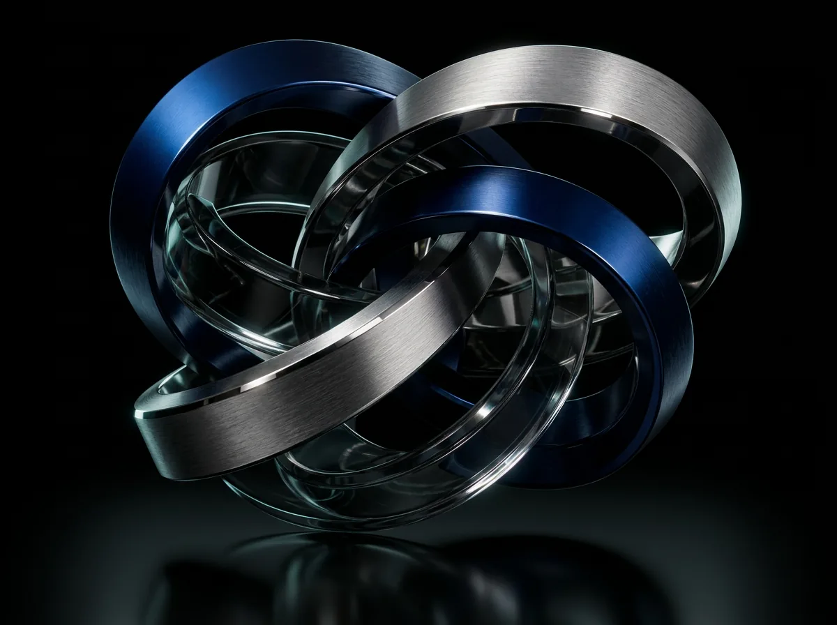 Sculptural KRYOS V6 form: interwoven brushed titanium, deep blue metal, and smoked glass bands