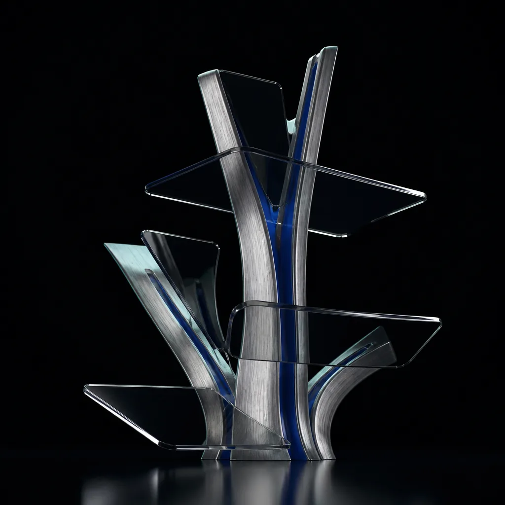 Brushed-titanium strategic pathways branching through smoked-glass analytical planes with polished chrome edges and midnight-blue channels, fading into darkness