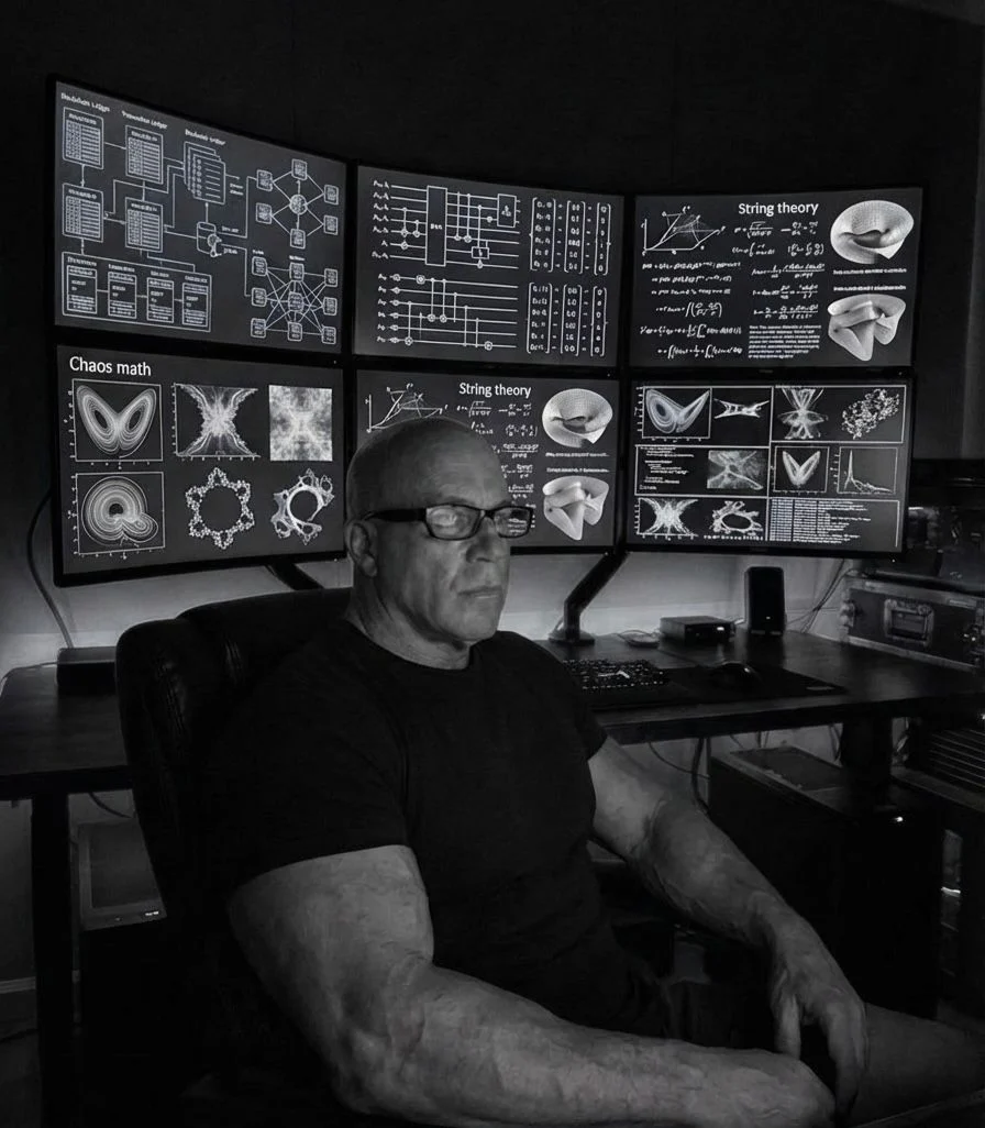 James Scott seated at a workstation with technical diagrams on the screens behind him.