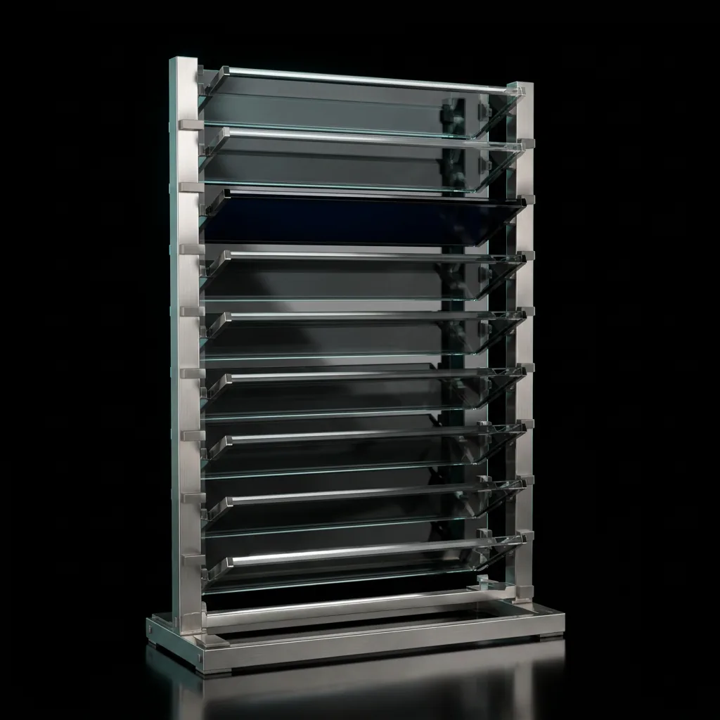 Rack of smoked glass plates in a titanium frame representing evidence held under review