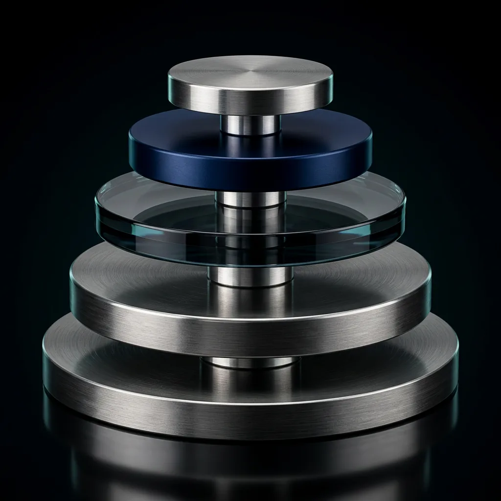 Machined stack of brushed titanium, blue metal, and glass discs representing the ordered stages of the framework