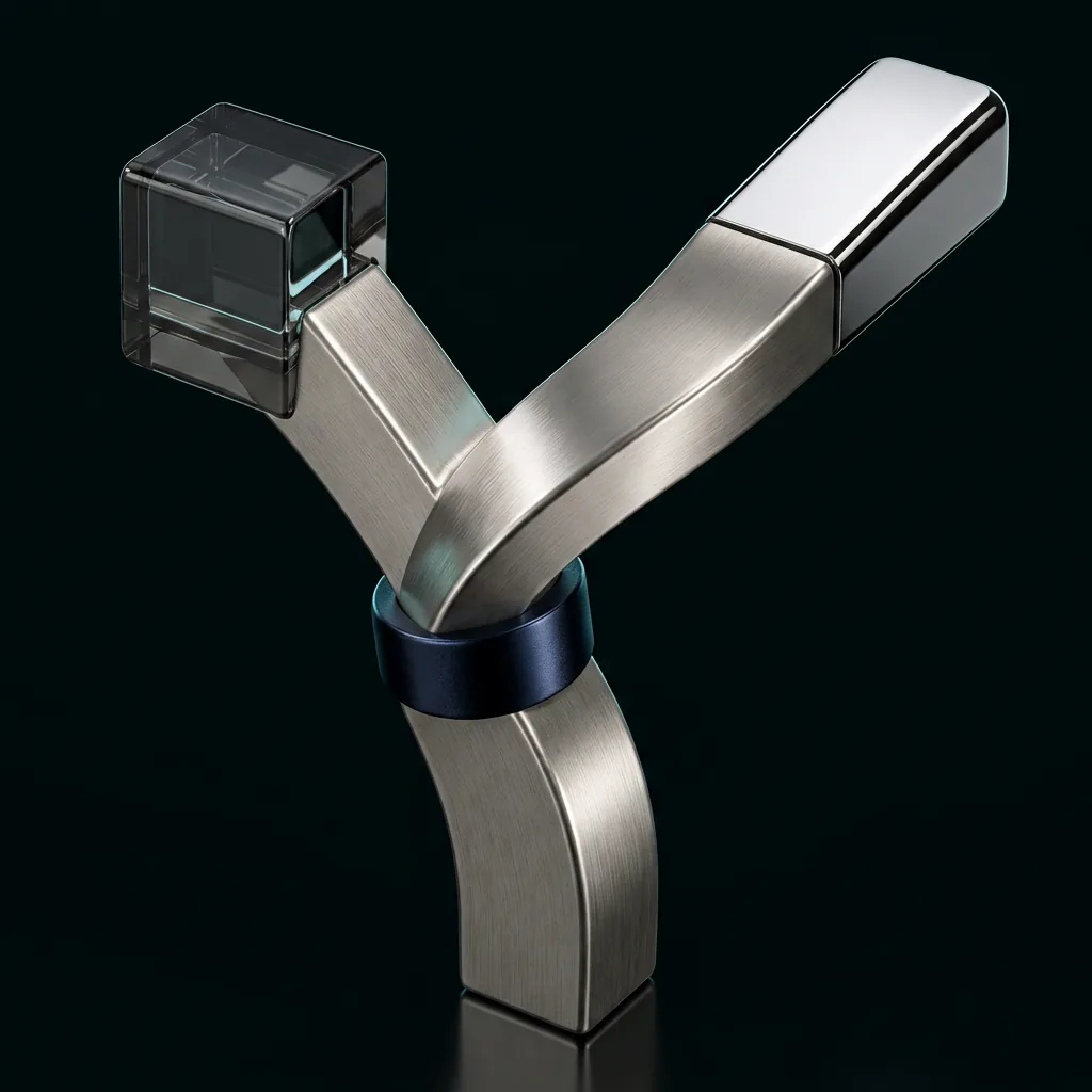 Branching titanium form with a glass terminal representing alternative scenarios